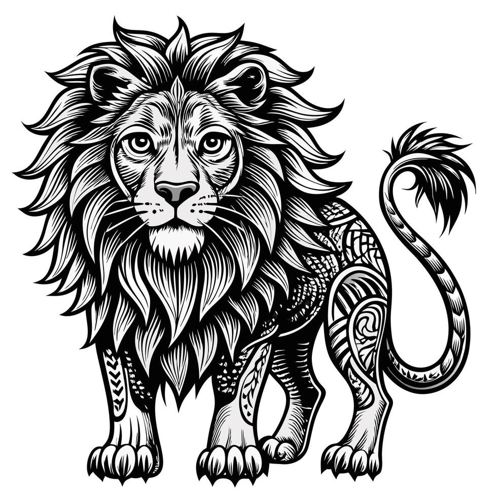Intricate Lion with Tribal Patterns in Black and White Illustration vector