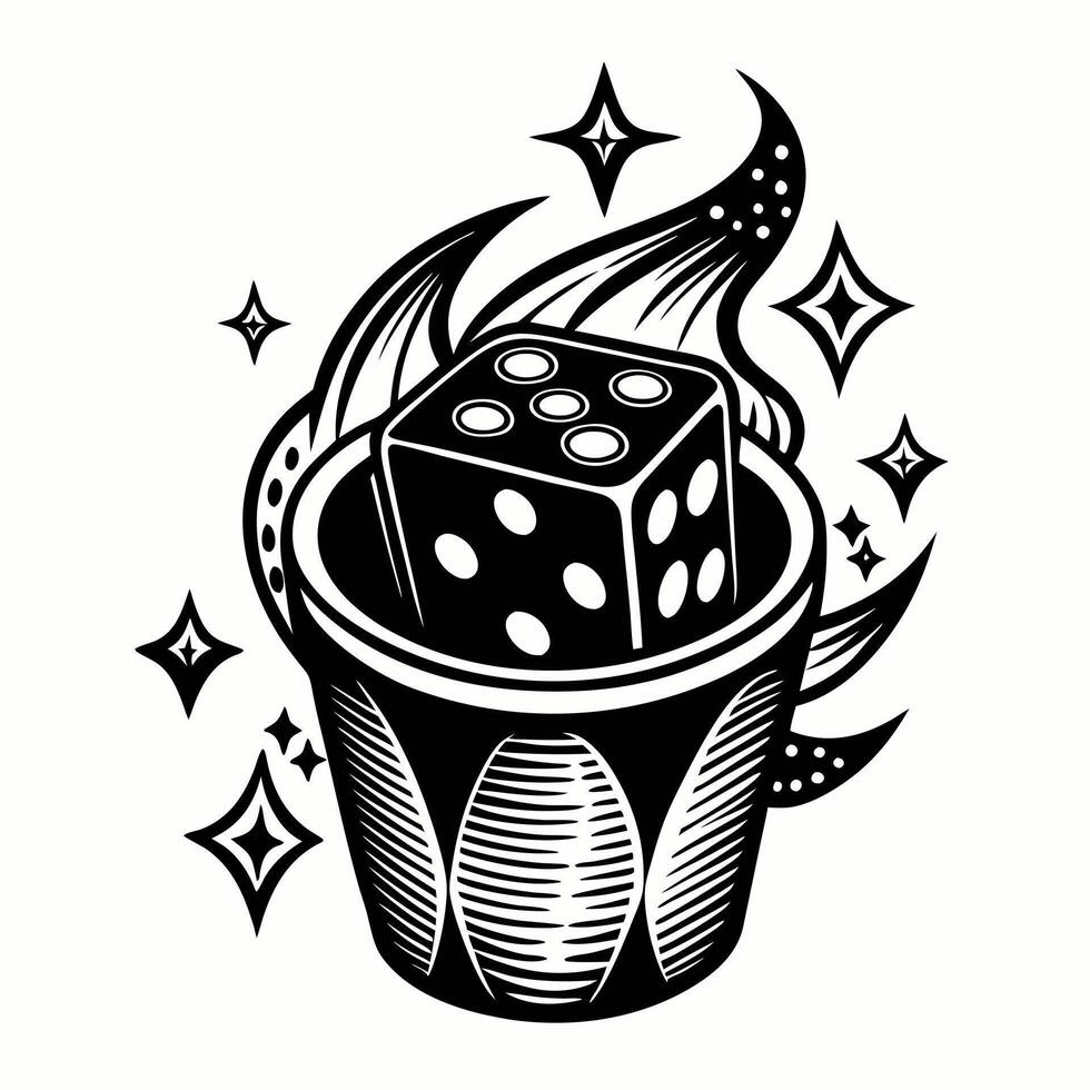 Vintage Tattoo Inspired Dice in Cup with Stars and Flames Illustration vector