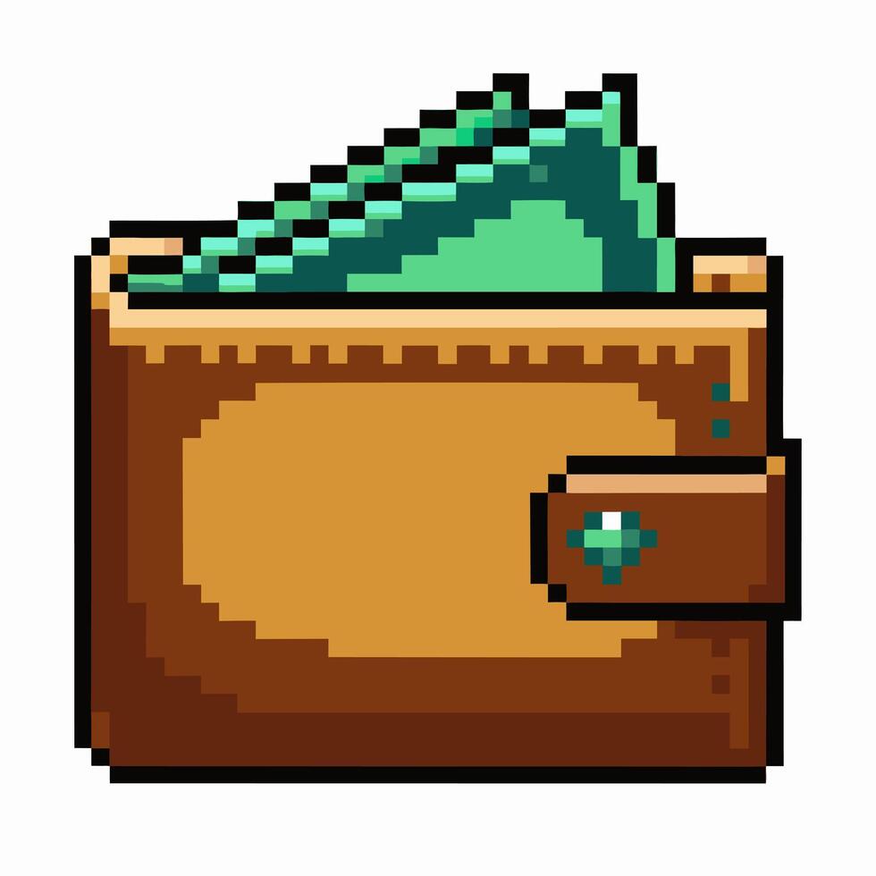 Retro Pixel Art Wallet with Cash Illustration for Finance and Gaming Themes vector