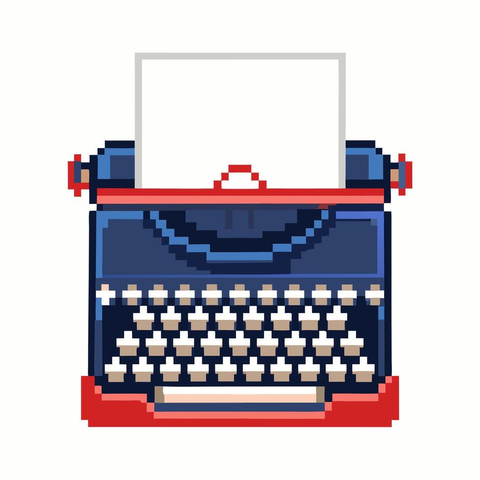 Retro Pixel Art Typewriter Illustration with Blank Paper Sheet vector