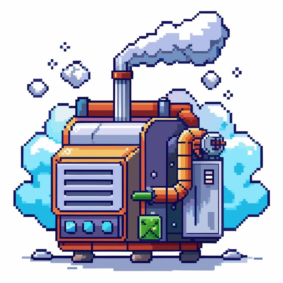 Retro Pixel Art Industrial Boiler with Steam and Gears, Nostalgic Gaming Design vector