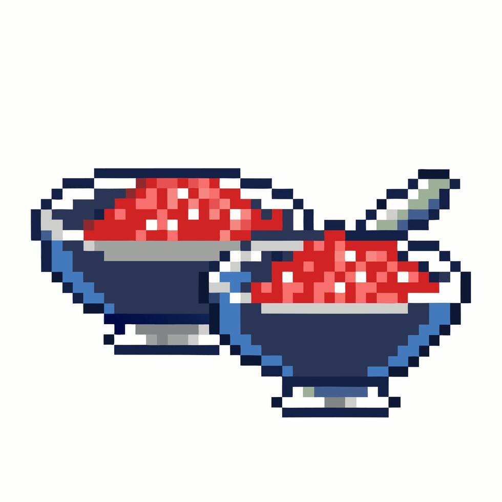 Pixel Art Bowls of Red Food with Spoon Retro Gaming Style Illustration vector