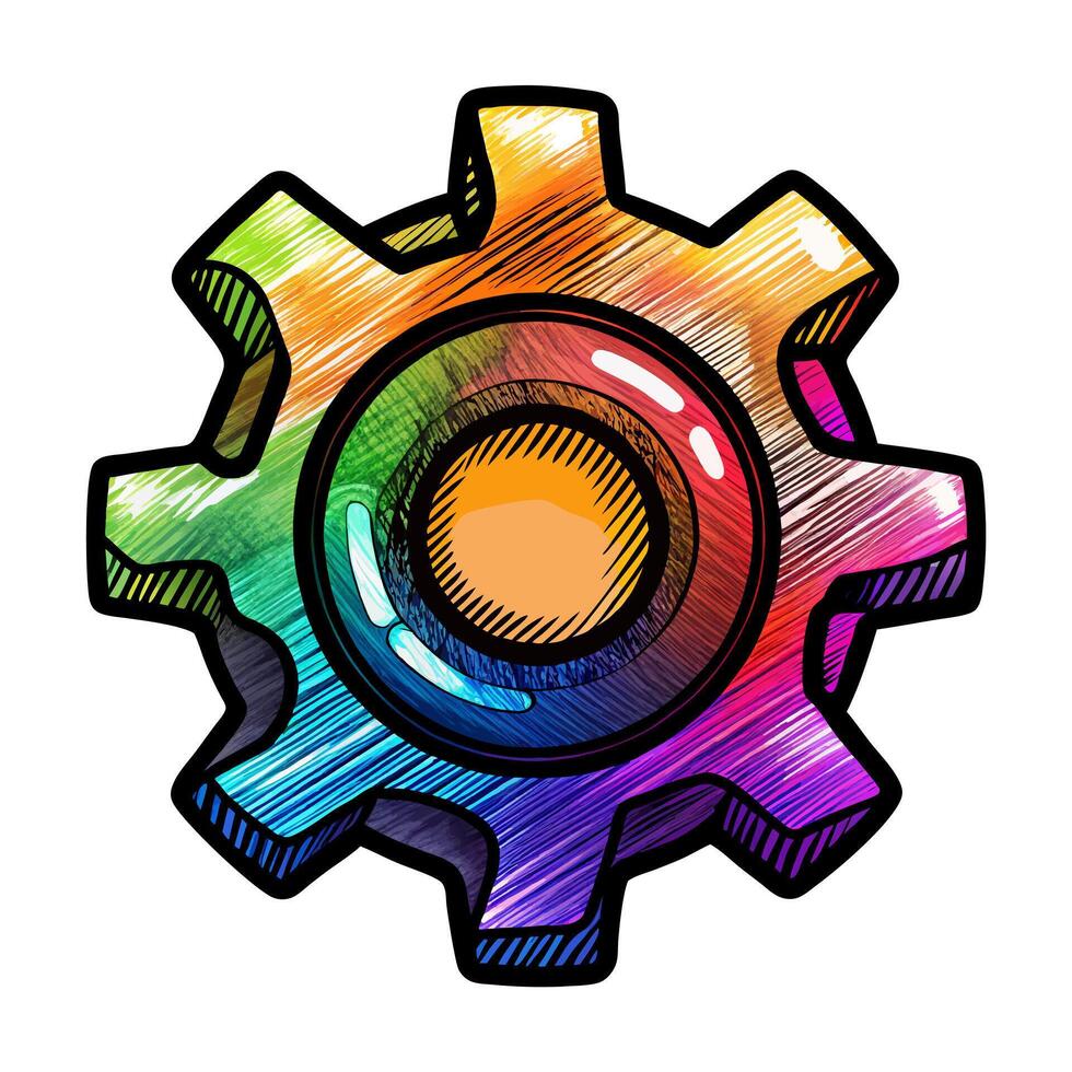 Colorful Gear Icon with Hand Drawn Sketch Effect in Rainbow Palette vector