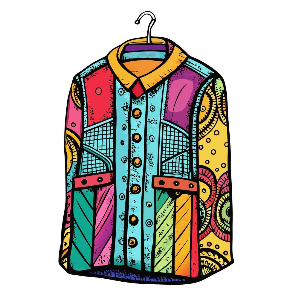 Colorful Patchwork Shirt Design on Hanger Vibrant Retro Style Illustration vector