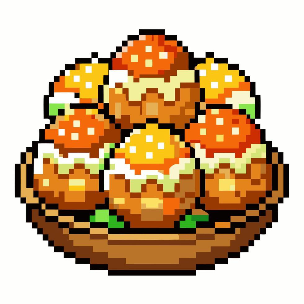 Pixelated Basket of Colorful Cupcakes with Sprinkles in Classic Retro Game Art Style vector