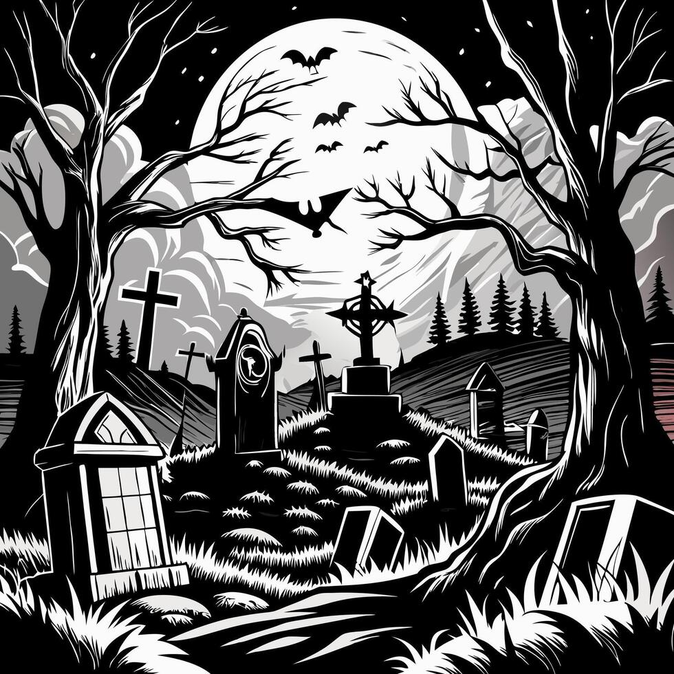 Spooky Graveyard Scene with Full Moon, Bats, and Tombstones in Black and White vector