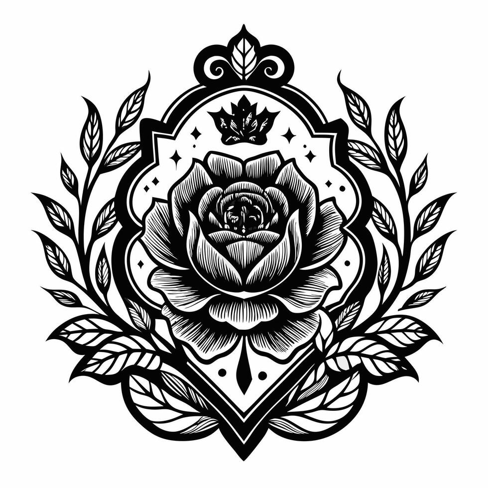 A black and white drawing of a rose with leaves surrounding it vector