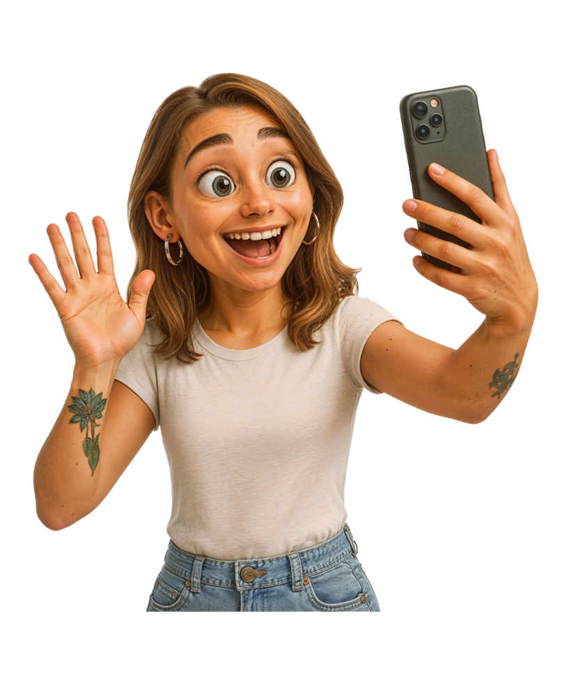 Cartoon-Style Woman Taking a Selfie with Exaggerated Facial Features png