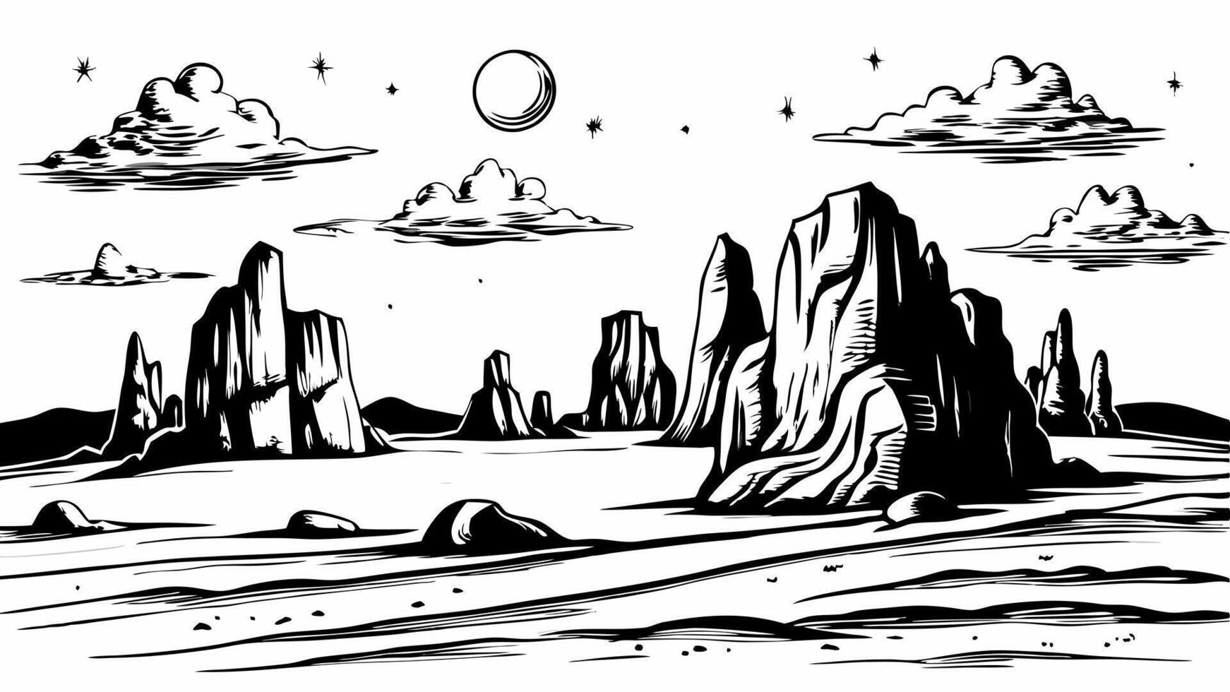 Monochrome Desert Landscape with Rock Formations and Clouds vector