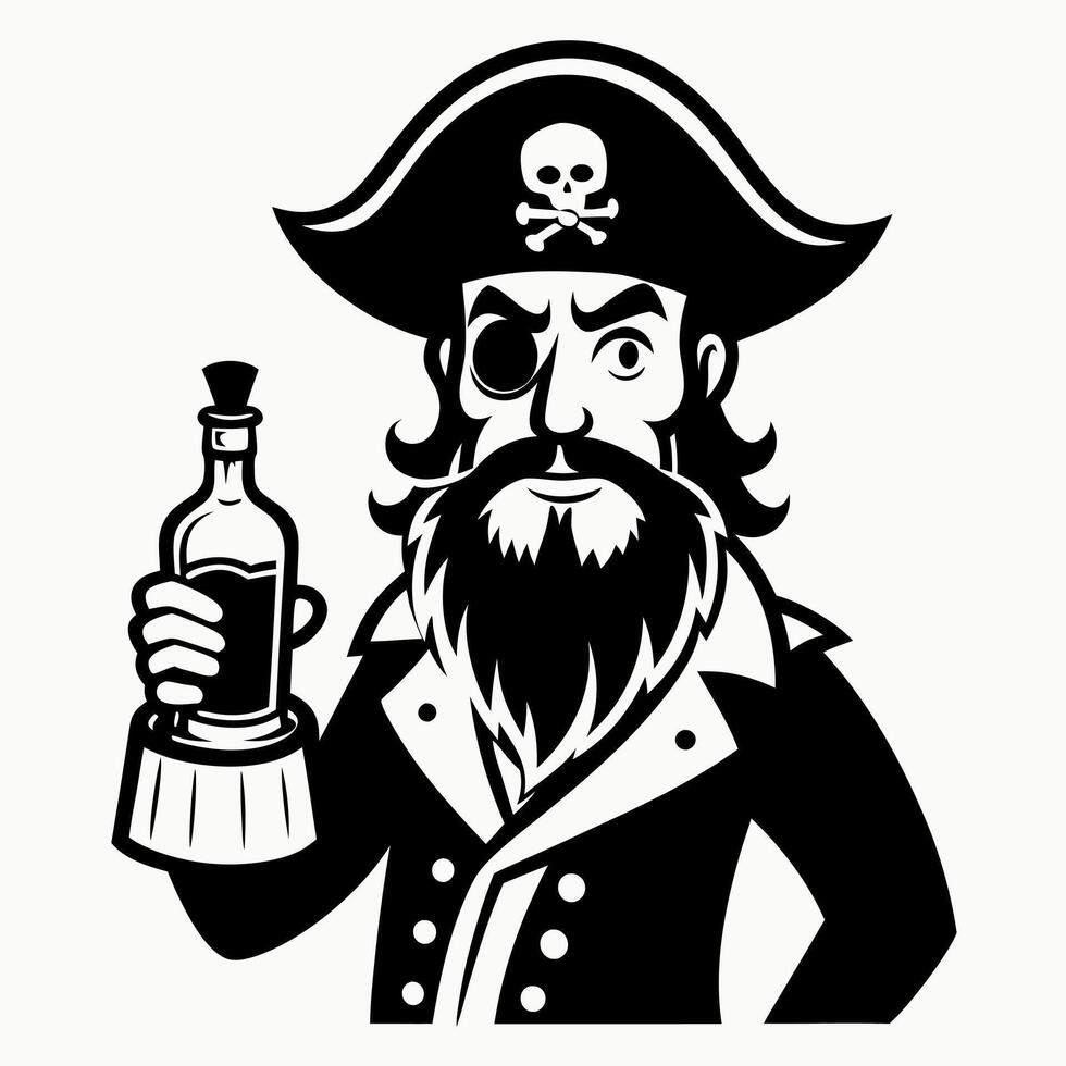 Retro Pirate Illustration Bearded Sailor with Eyepatch and Rum Bottle vector