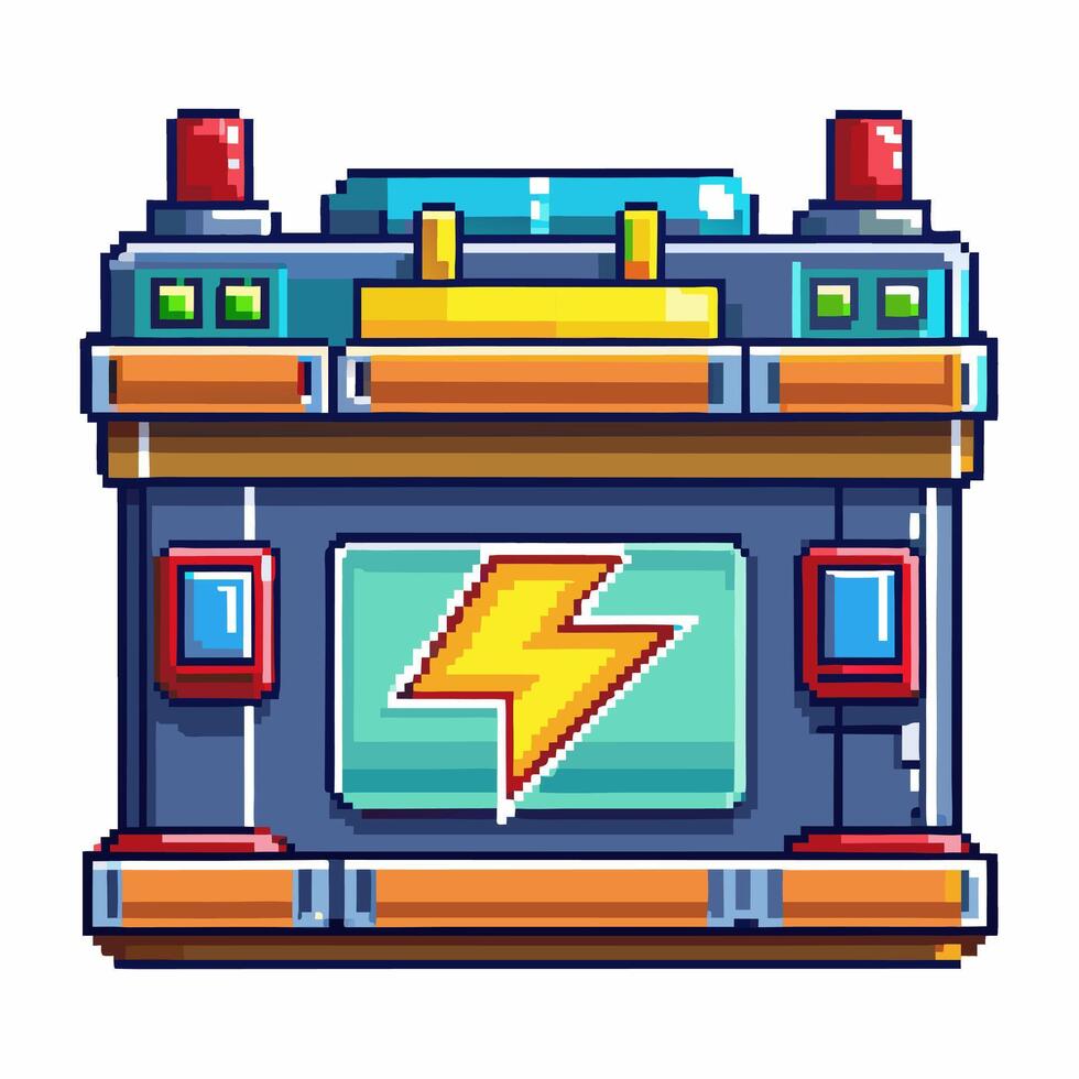 Retro Pixel Art Battery Icon with Lightning Symbol for Gaming and Tech Illustrations vector