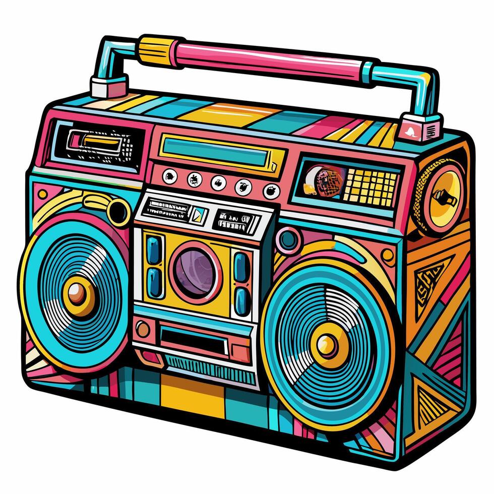 Colorful Retro Boombox Illustration with Geometric Patterns vector
