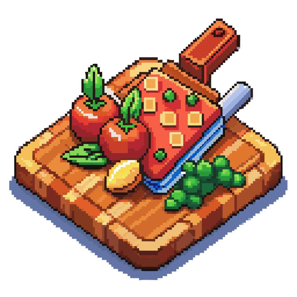 Pixel Art Cutting Board with Vegetables and Knife in Retro Gaming Style vector