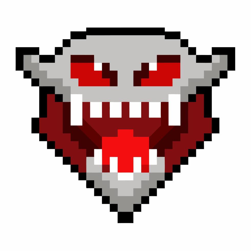Pixel Art Retro Vampire Face with Red Eyes and Fangs Icon vector