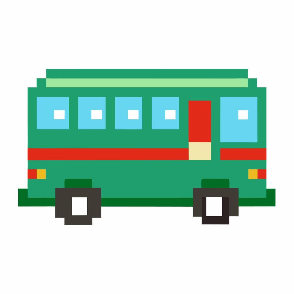 Retro Pixel Art Green Bus with Red Accents and Blue Windows vector