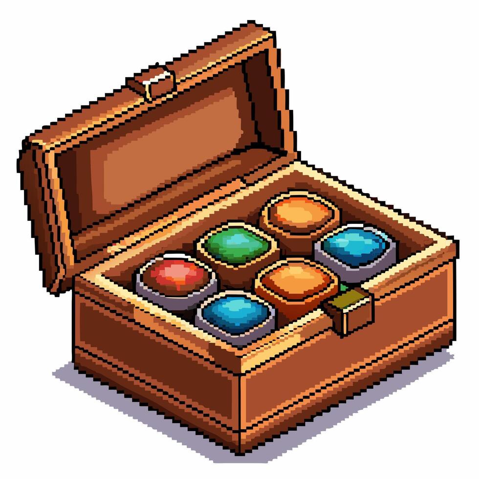 Pixel Art Treasure Chest with Colorful Gems Retro Gaming Style vector