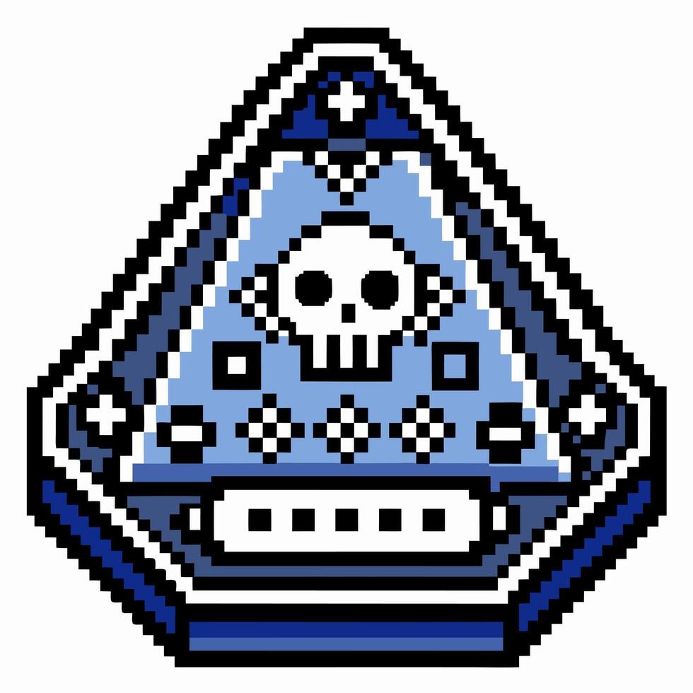 Pixel Art Skull Emblem in Blue and White with Geometric Patterns vector