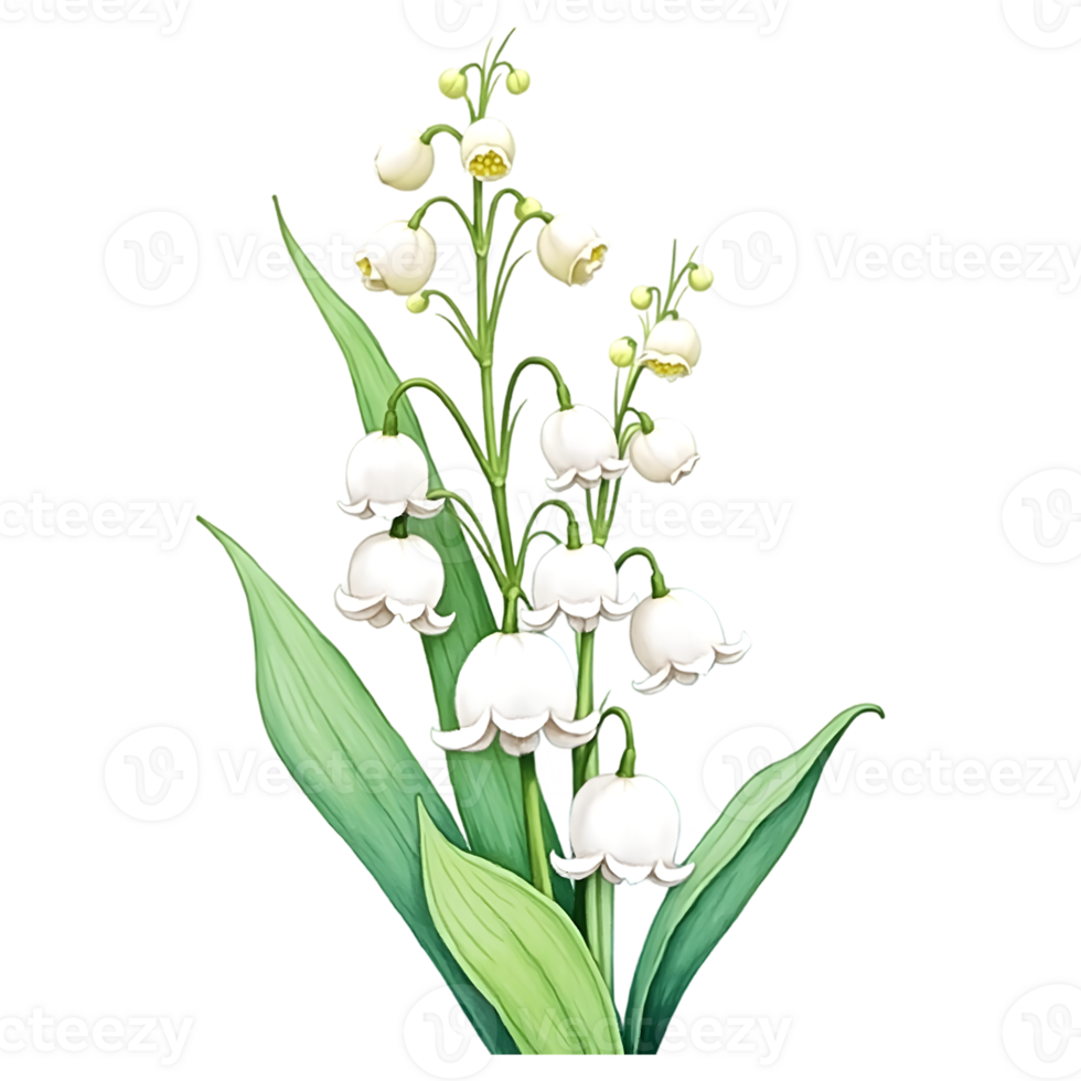 Realistic lily of the valley bouquet on transparent background for soft feminine floral graphic elements. png