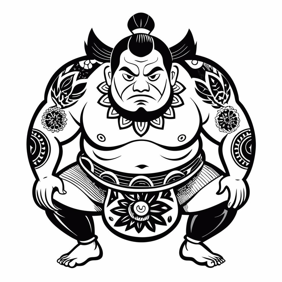 Black and White Sumo Wrestler Illustration with Traditional Tattoos vector