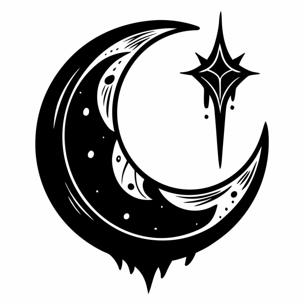 Crescent Moon and Star Black and White Illustration vector