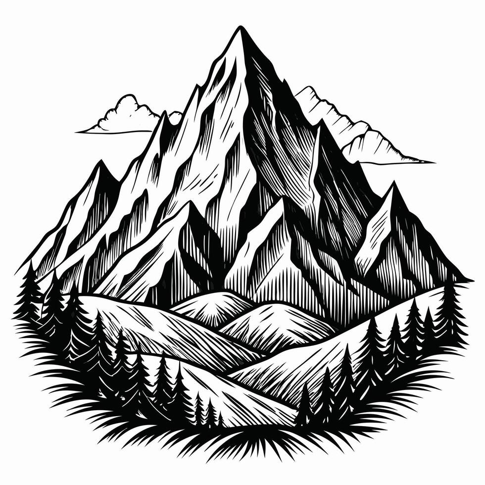 Monochrome Mountain Landscape with Pine Trees in Woodcut Style vector