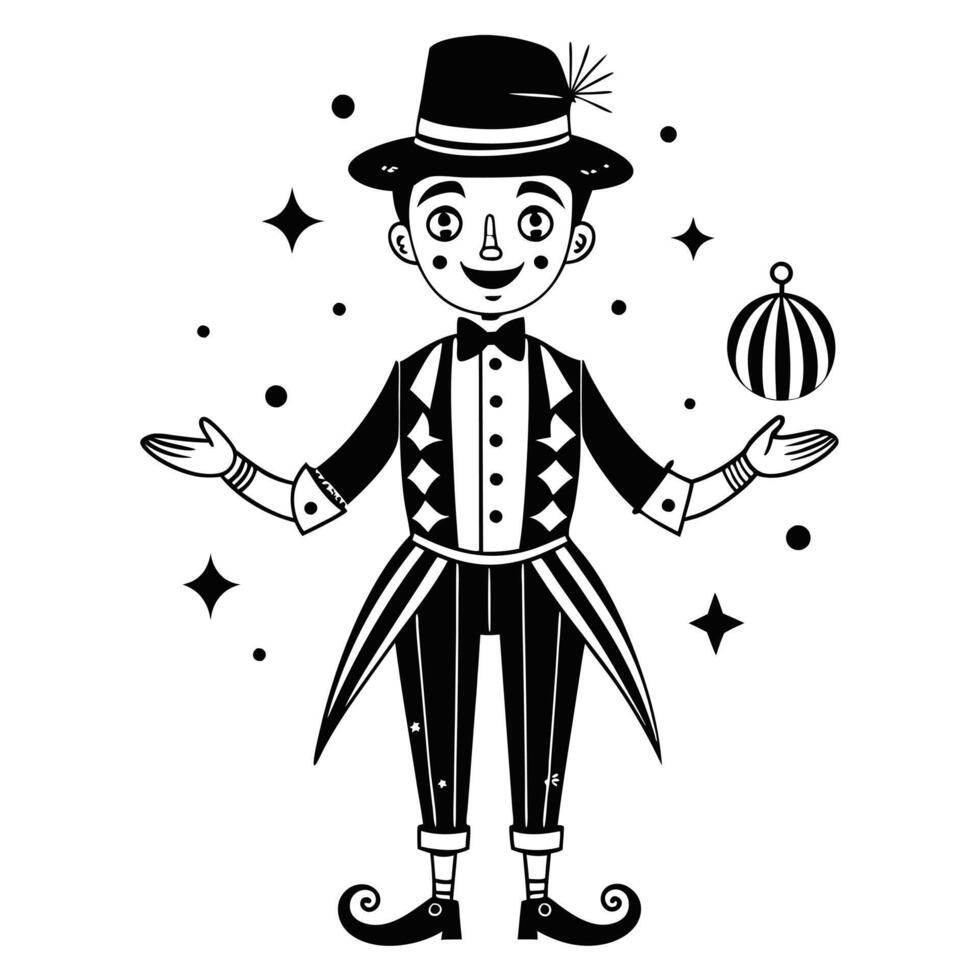 Monochrome Vintage Circus Performer Juggling with Stars and Ball Illustration vector