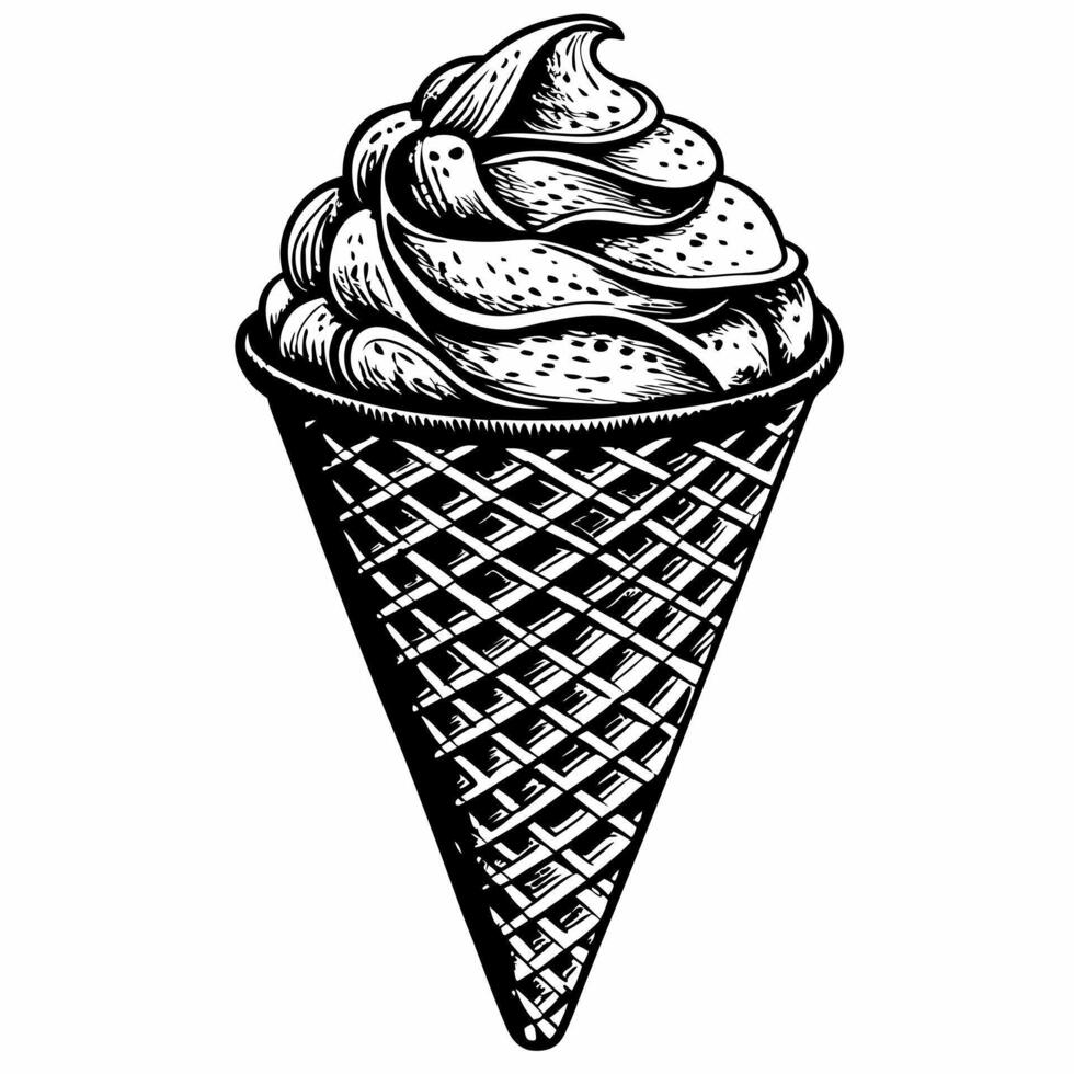 Hand Drawn Ice Cream Cone Illustration with Detailed Swirls and Waffle Texture vector
