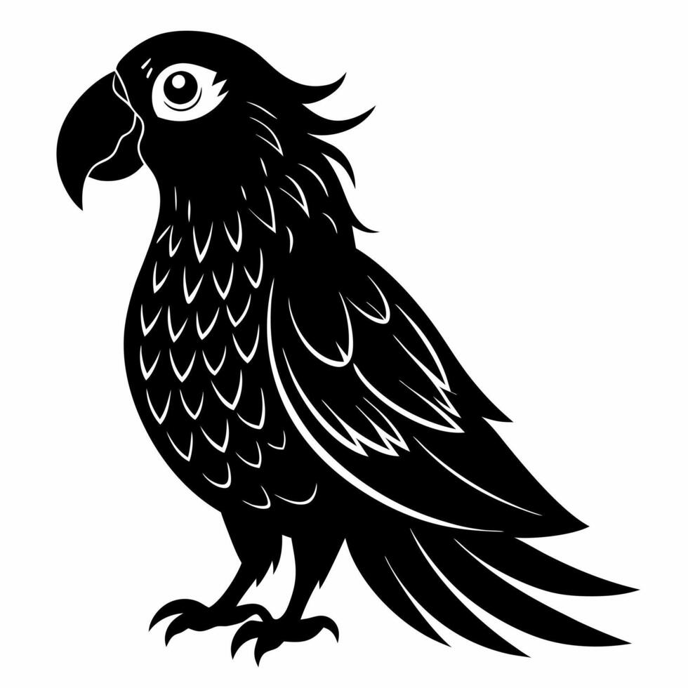 Intricate Black Silhouette of a Parrot with Detailed Feathers and Expressive Eyes vector
