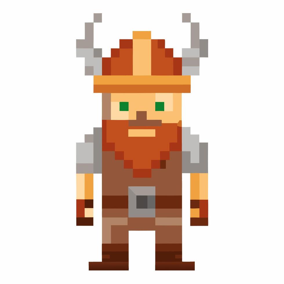 Pixel Art Viking Character with Helmet and Beard in Retro Game Style vector
