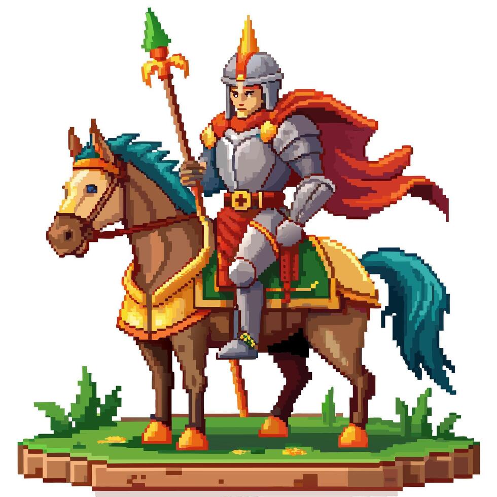 Pixel Art Medieval Knight on Horseback with Armor and Red Cape vector