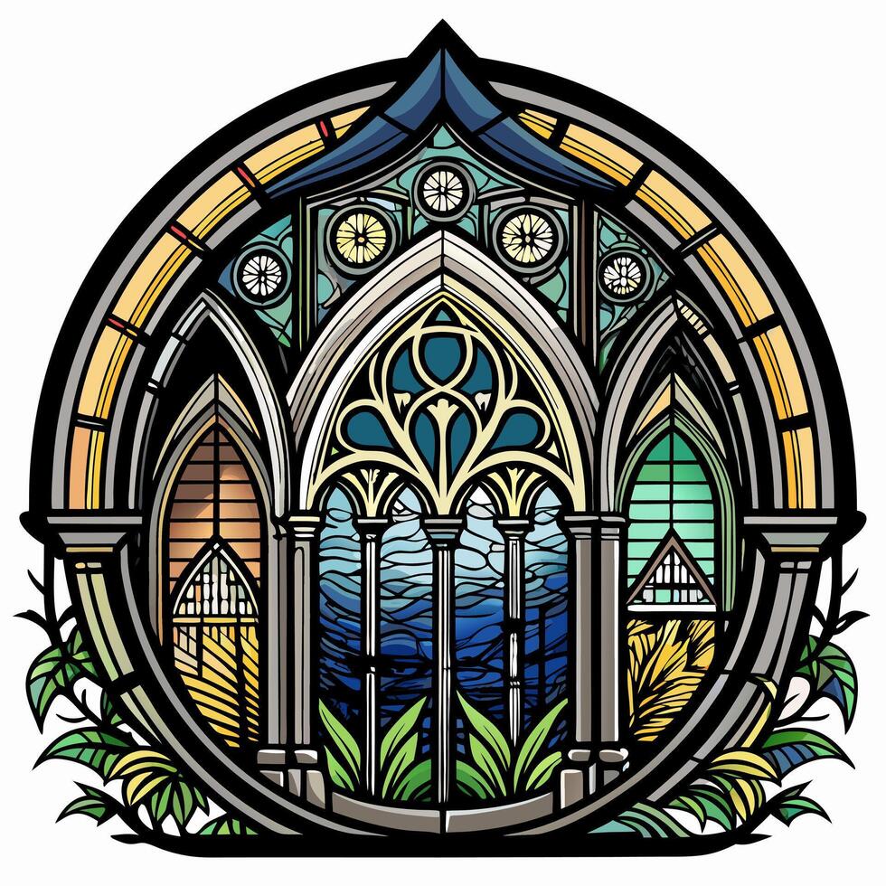 Vibrant Stained Glass Window Featuring Gothic Architecture and Nature Elements vector