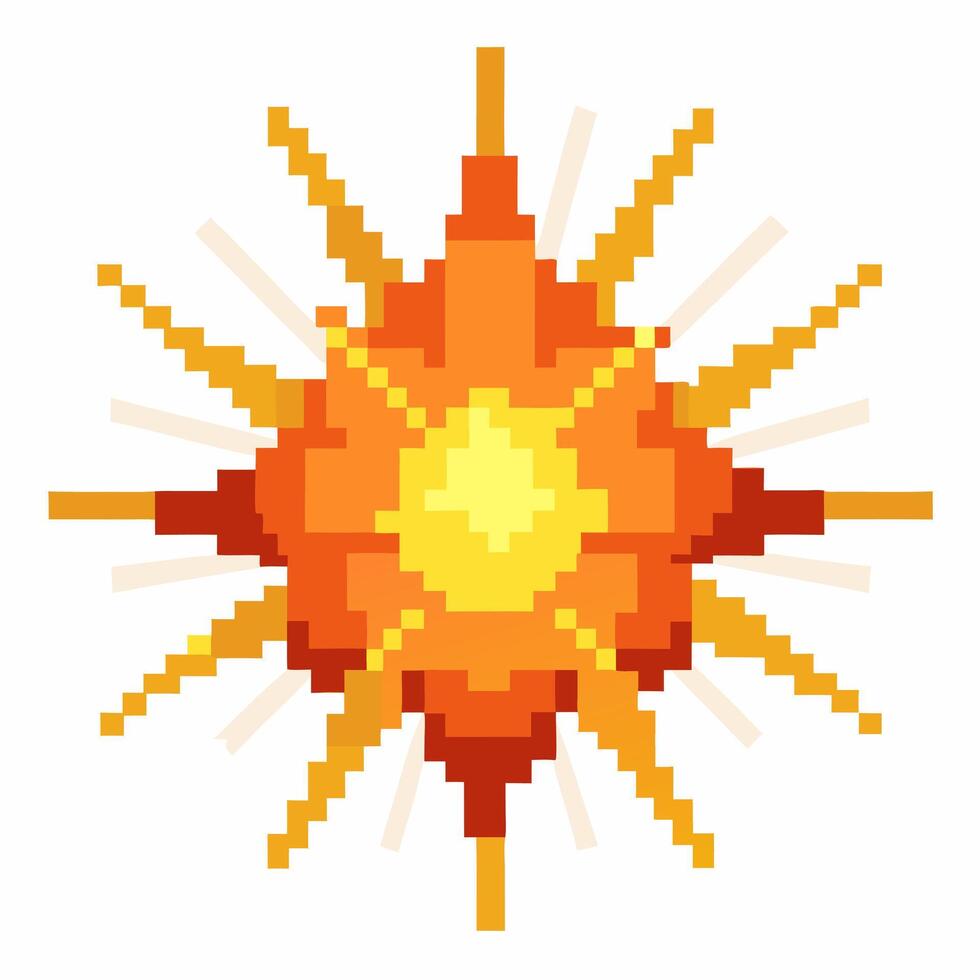 Pixel Art Sun Retro Style, Bright Orange Sunburst with Radiating Beams vector