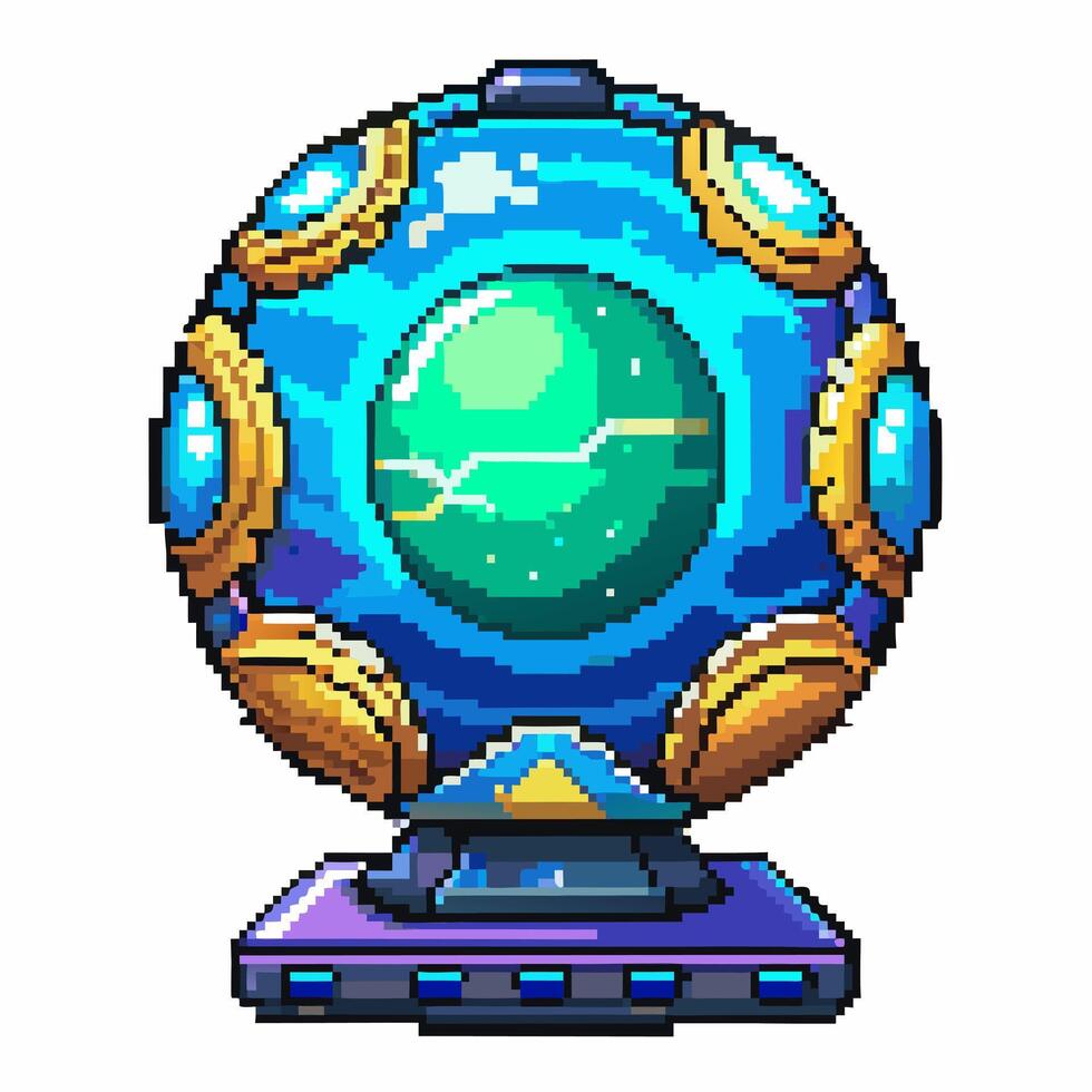 Futuristic Pixel Art Crystal Ball with Neon Technology Aesthetic vector
