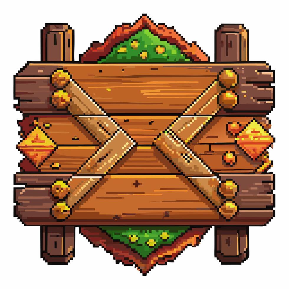 Vintage Pixel Art Wooden Signboard with Rustic Design Elements vector