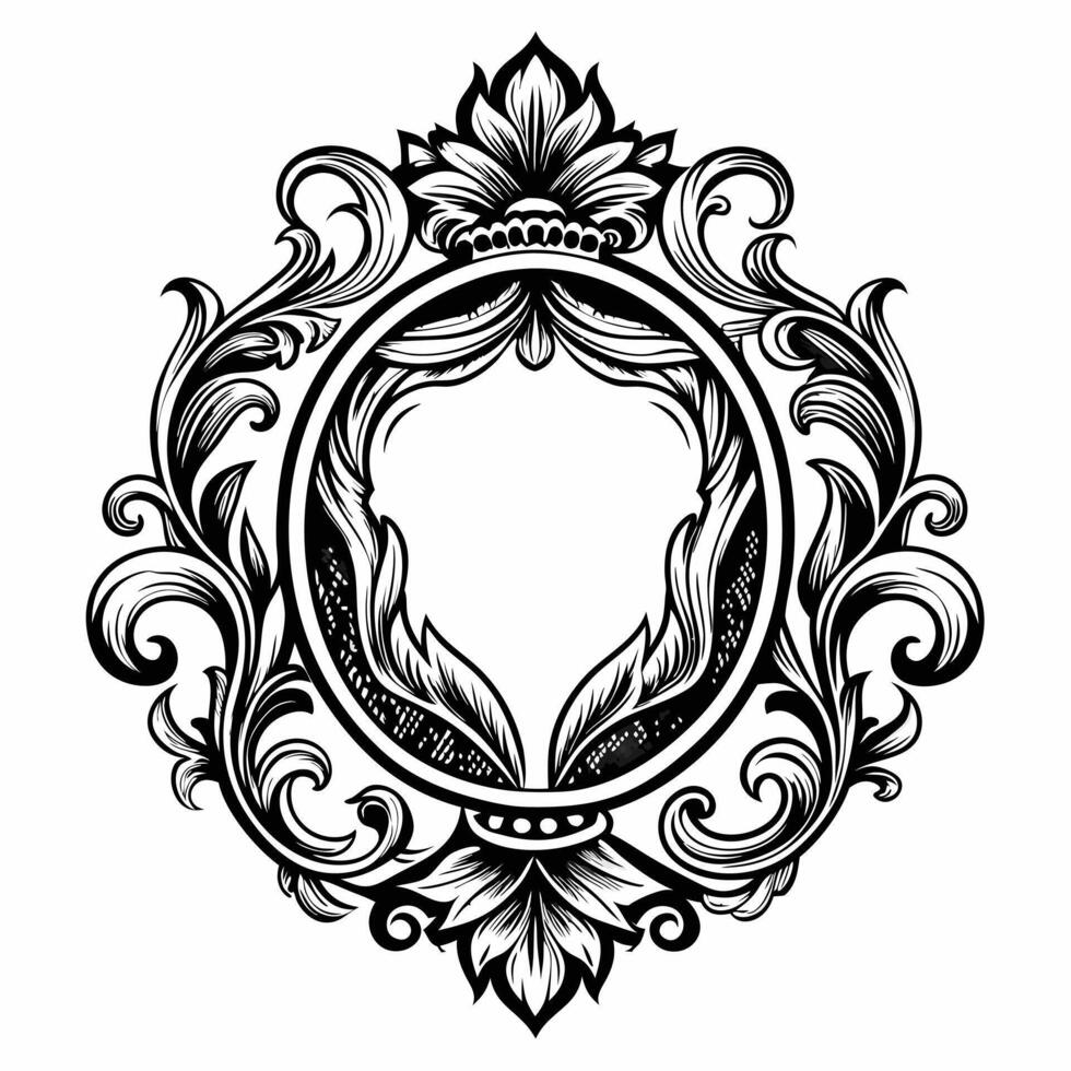 A black and white drawing of a flowery border with a crown on top vector