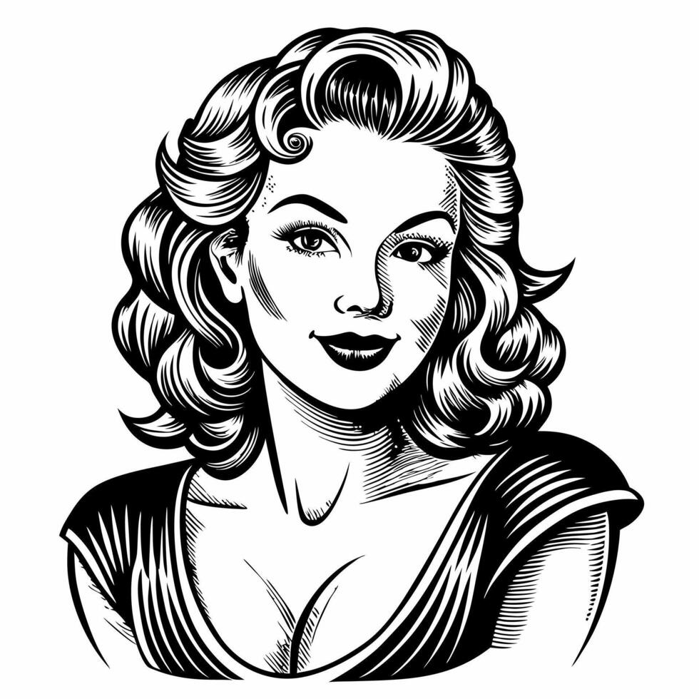 Retro Style Portrait of Smiling Woman with Classic Hair and Bold Makeup in Black and White vector