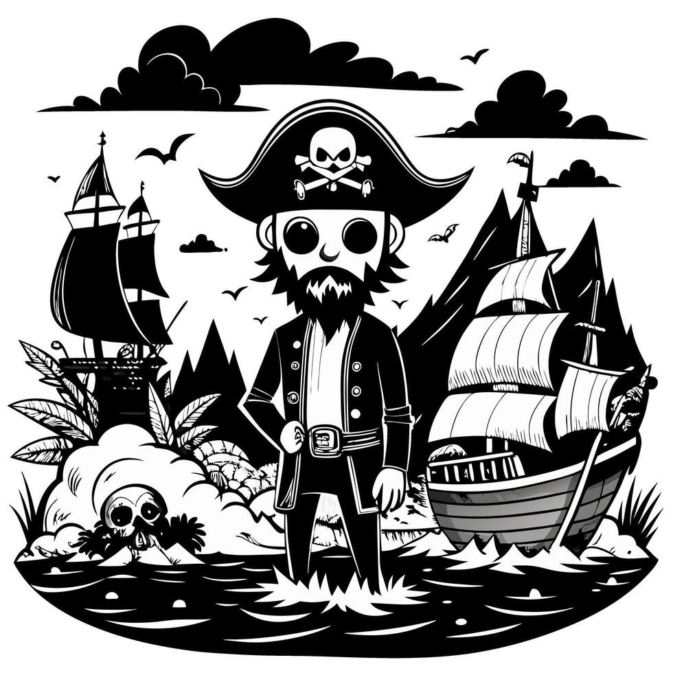 A pirate stands on a boat in front of a ship vector