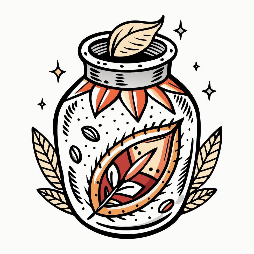 Decorative Jar with Autumn Leaf and Sparkling Accents in Hand Drawn Style vector