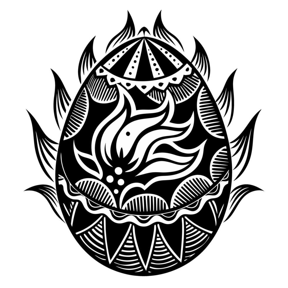 A black and white drawing of an egg with a flower on it vector
