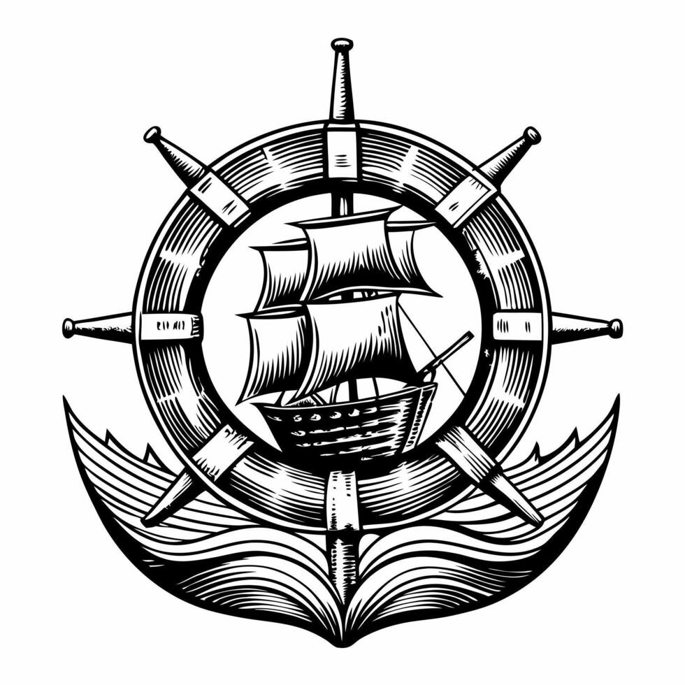 Vintage ship sailing through a ship wheel, nautical adventure, maritime emblem, black and white illustration vector
