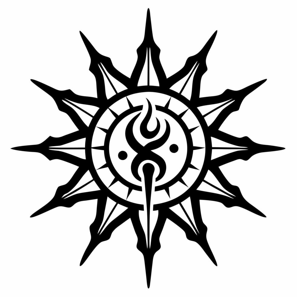 Intricate Tribal Sun Tattoo Design with Sharp Rays and Central Symbol vector