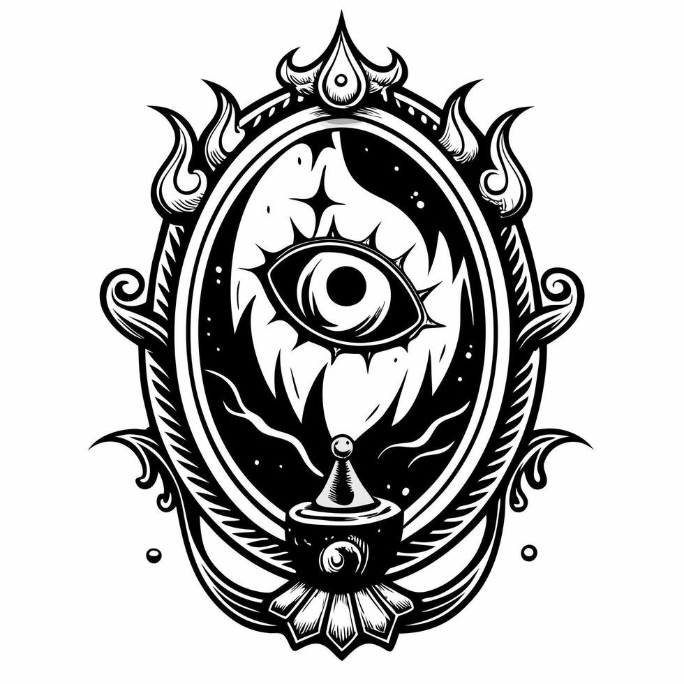 Ornate Mystical Eye in Fiery Frame Black and White Illustration vector