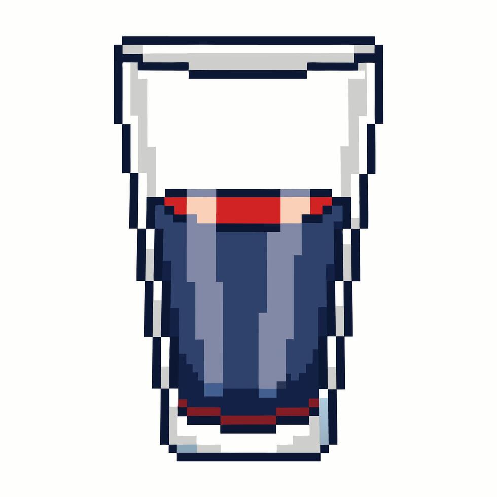 Pixel Art Glass of Water with Red Stripe Design in Retro Style vector
