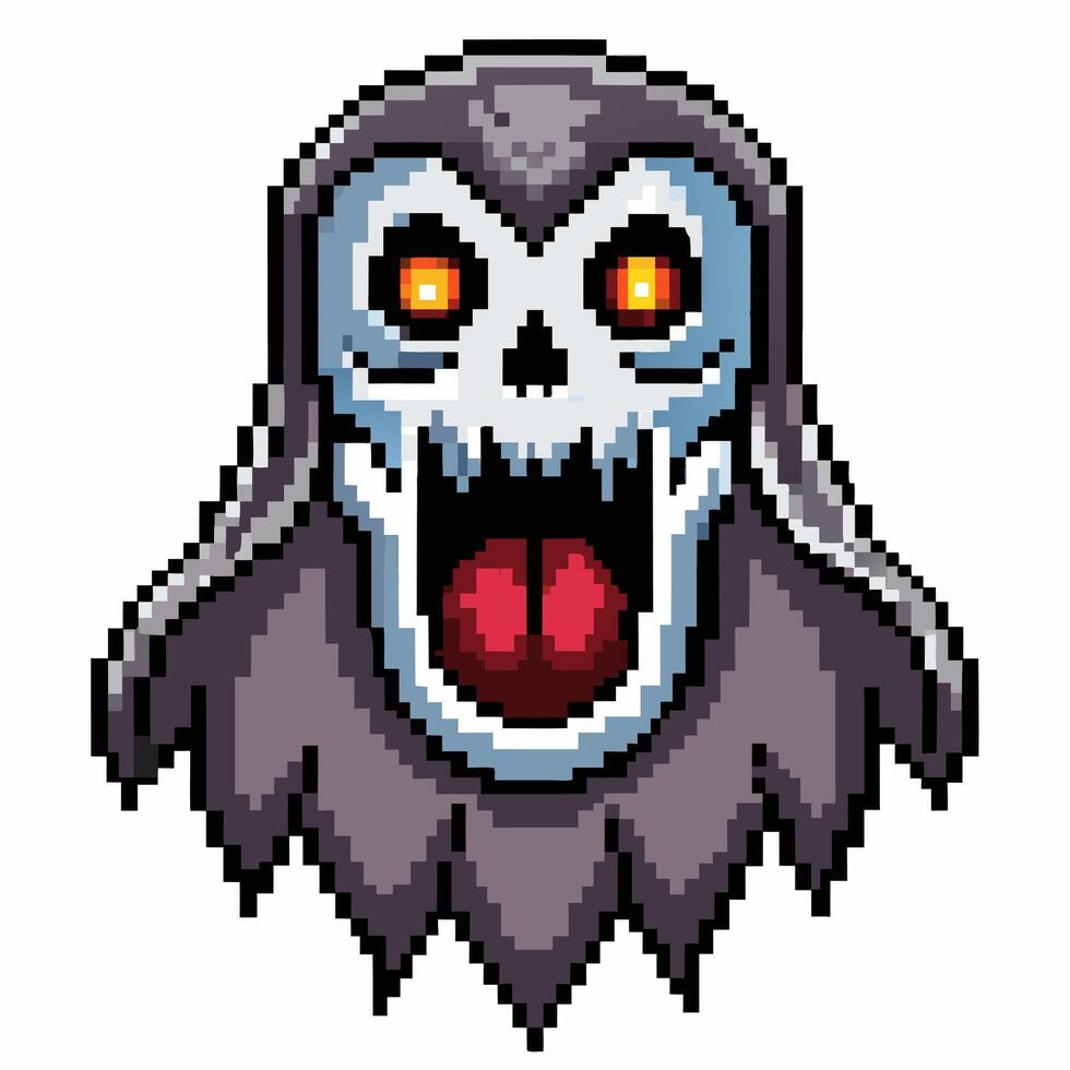 Pixel Art Skull Ghost with Glowing Eyes and Open Mouth in Retro Game Style vector