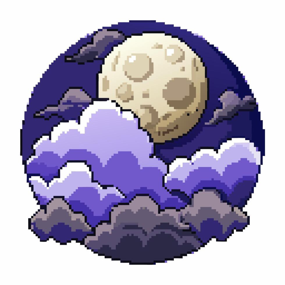 Pixel Art Moon with Clouds at Night Retro Style Lunar Scene vector