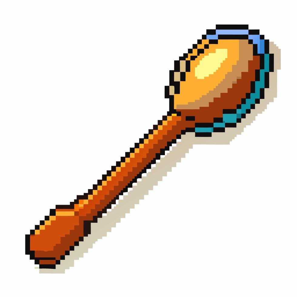 Retro Pixel Art Wooden Spoon with Shadow Effect in 8 Bit Style vector