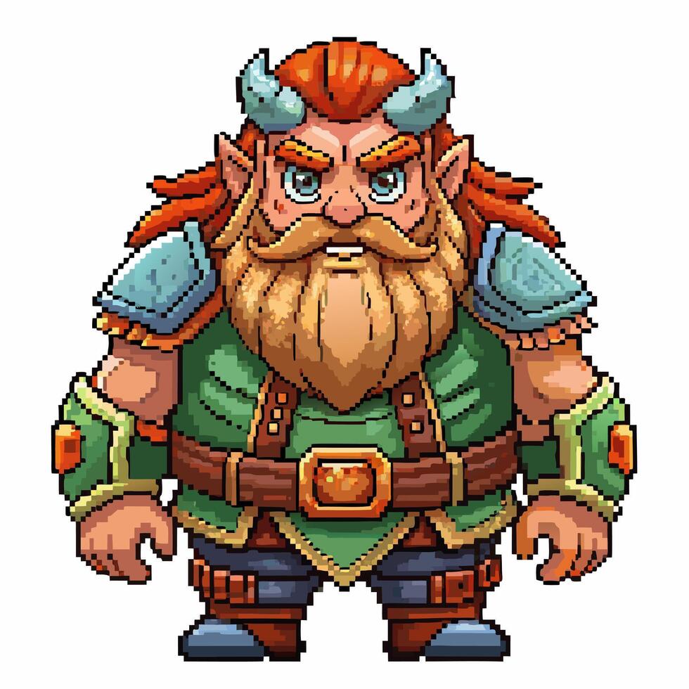 Colorful Pixel Art Dwarf Character in Fantasy Armor Retro Game Graphics vector