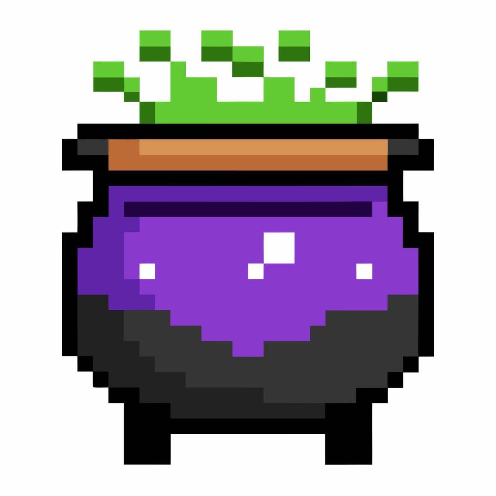 Pixel Art of a Purple Potion Cauldron with Green Bubbles for Retro Gaming and Digital Art Projects vector