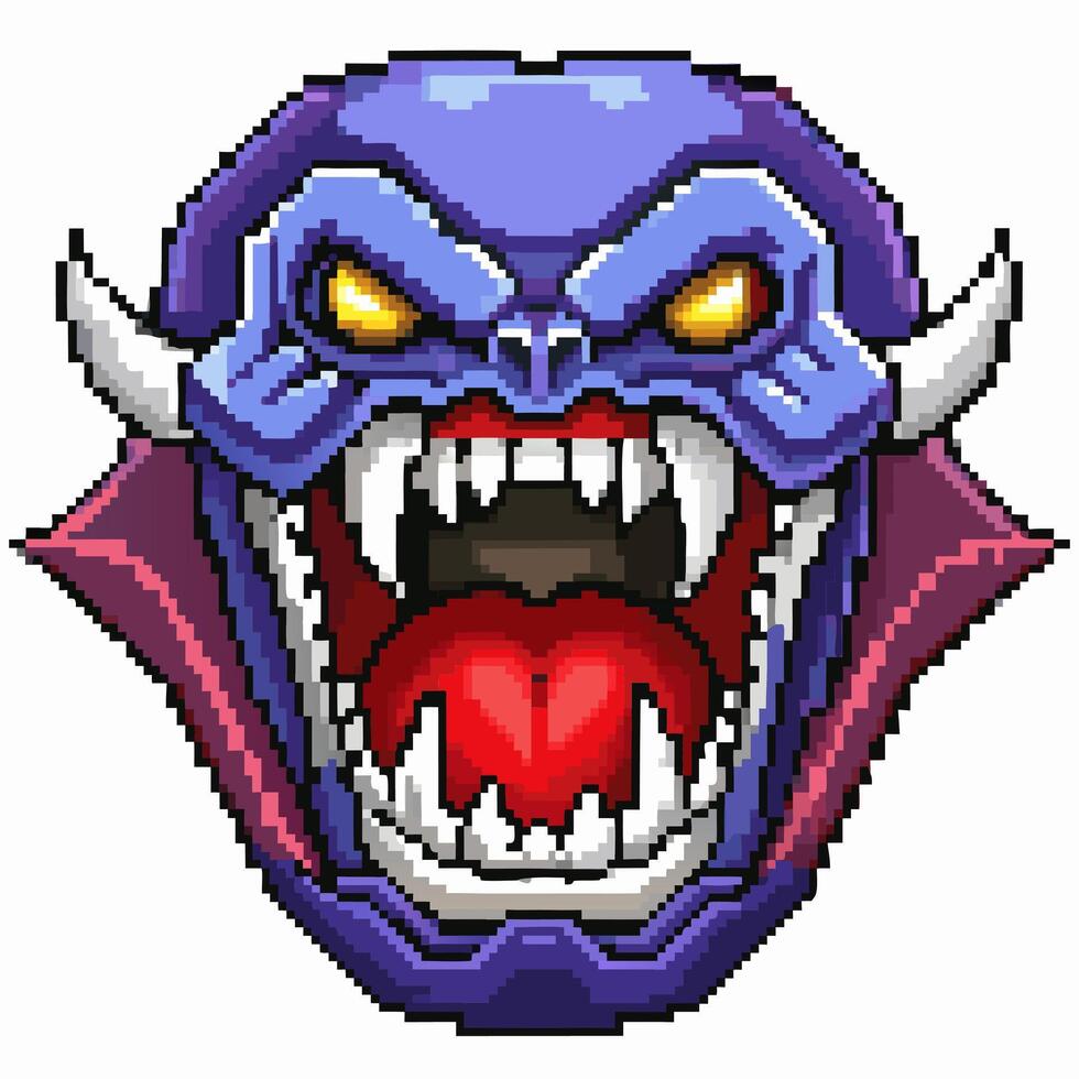 Pixel Art Demon Head Retro Game Monster Icon with Sharp Fangs and Purple Skin vector
