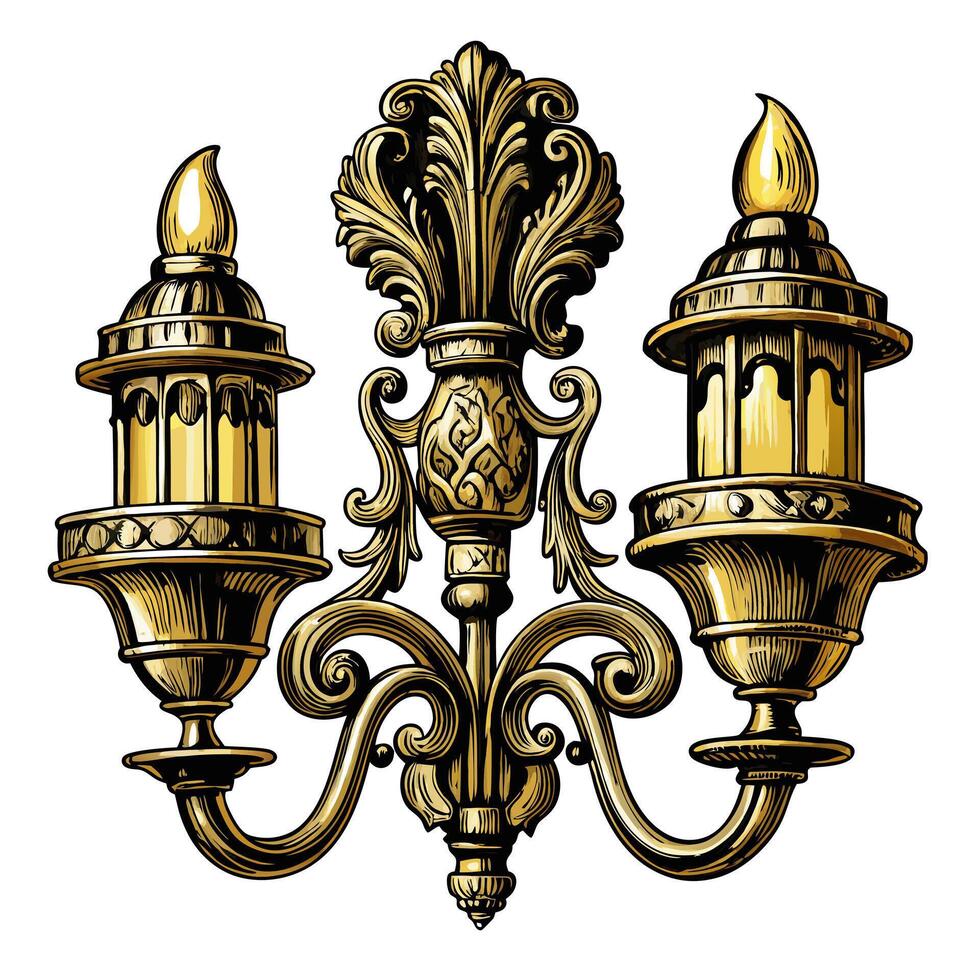 Vintage Ornate Wall Sconce with Dual Lanterns in Antique Gold Art vector